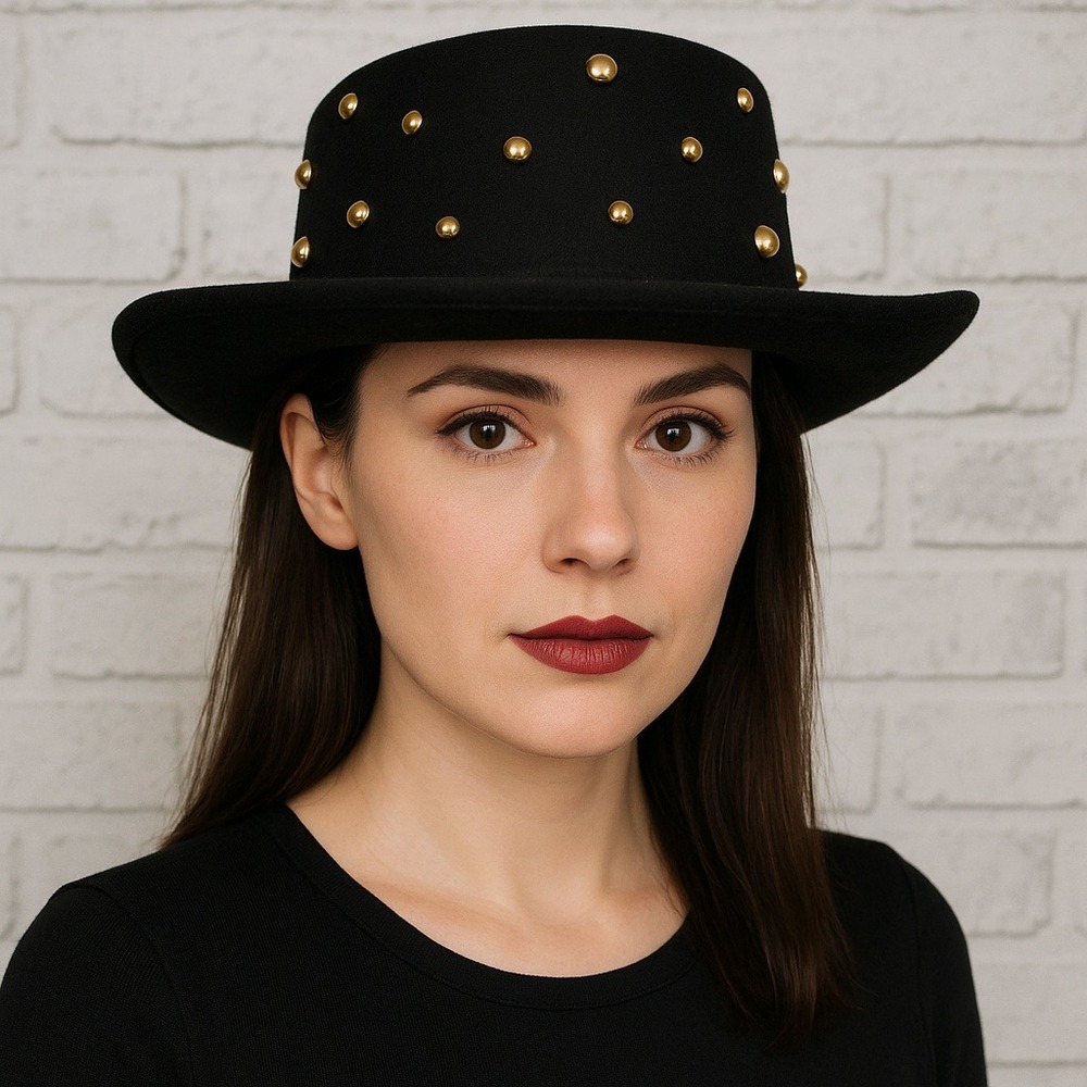 Vintage Black LiteFelt Wool‎ Hat Gold Studded Steampunk Western Bowler Style USA